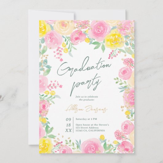 Roze waterverf foto afstuderen kaart (Voorkant)