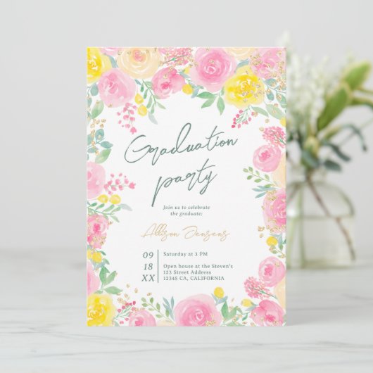 Roze waterverf foto afstuderen kaart (Staand voorkant)