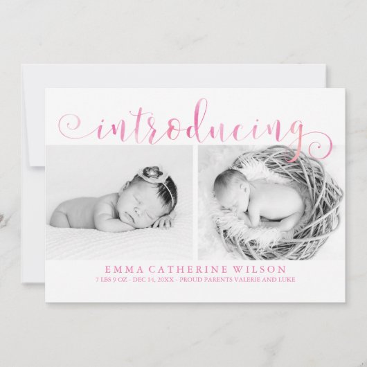 Roze Waterverf Foto-Baby Aankondiging (Voorkant)