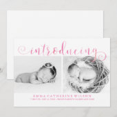 Roze Waterverf Foto-Baby Aankondiging (Voorkant / Achterkant)