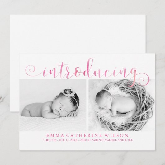Roze Waterverf Foto-Baby Aankondiging (Voorkant / Achterkant)