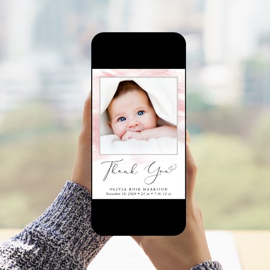 Roze Waterverf Foto Baby Girl Birth Aankondiging