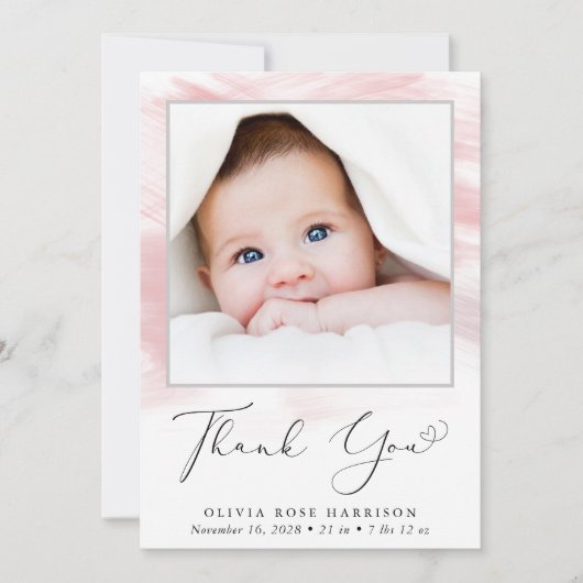 Roze Waterverf Foto Baby Girl Birth Aankondiging (Voorkant)