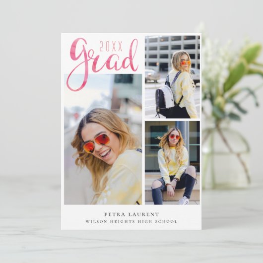 Roze Waterverf Foto Collage Afstuderen Aankondiging (Staand voorkant)