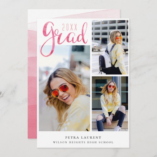 Roze Waterverf Foto Collage Afstuderen Aankondiging (Voorkant / Achterkant)