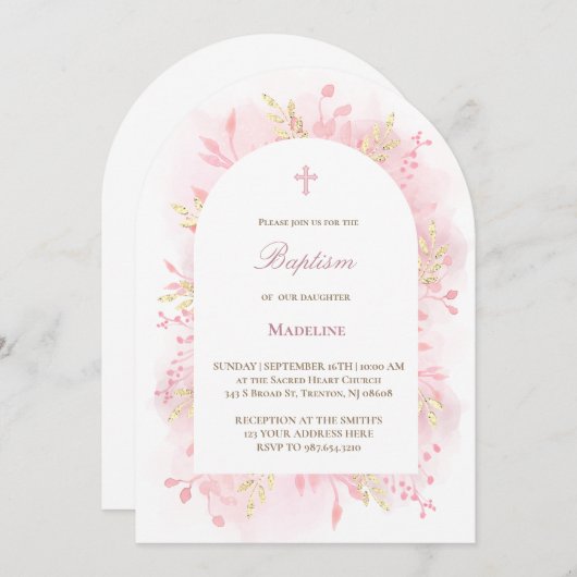 roze waterverf gebladerte Doop Kaart (Voorkant / Achterkant)