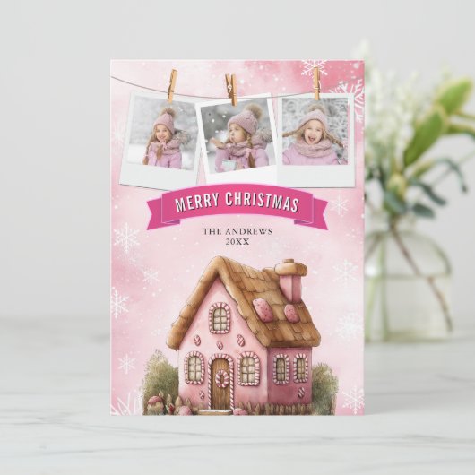 Roze Waterverf Gingerbread House Foto Kerst Feestdagenkaart (Staand voorkant)