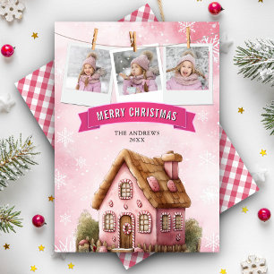 Roze Waterverf Gingerbread House Foto Kerst Feestdagenkaart