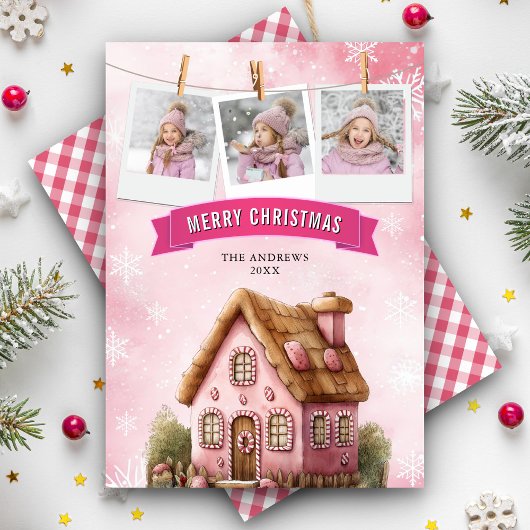 Roze Waterverf Gingerbread House Foto Kerst Feestdagenkaart