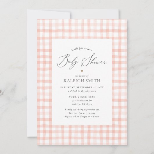 Roze Waterverf Gingham Meisje Baby shower Kaart (Voorkant)