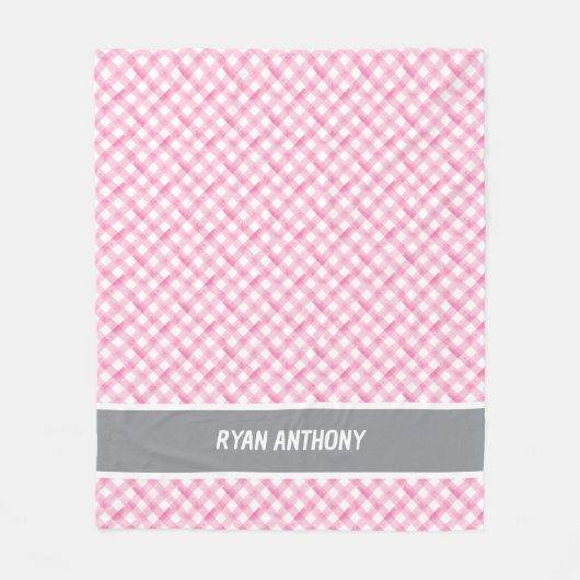 Roze Waterverf Gingham Plaid Geruite Meisjes Naam Fleece Deken (Voorkant)