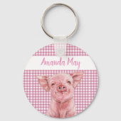 Roze Waterverf Gingham Pset Monogram Sleutelhanger (Voorkant)