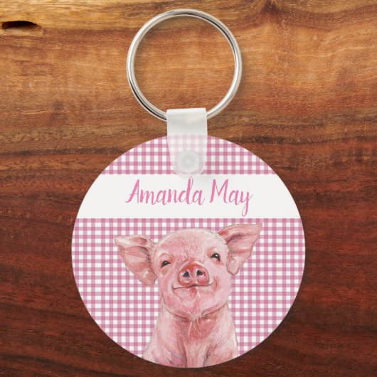 Roze Waterverf Gingham Pset Monogram Sleutelhanger (Voorkant)