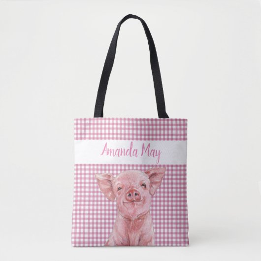 Roze Waterverf Gingham Pset Monogram Tote Bag (Voorkant)