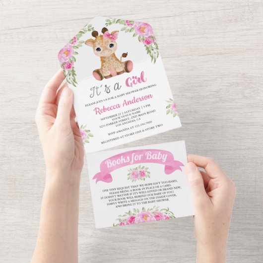 Roze Waterverf Giraffe Baby shower All In One Uitnodiging (Afscheurbaar)