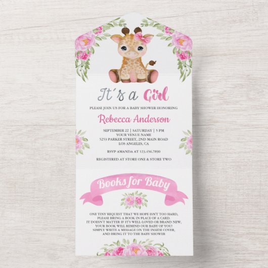 Roze Waterverf Giraffe Baby shower All In One Uitnodiging (Binnen)