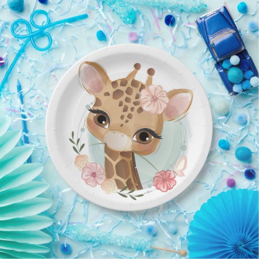 Roze Waterverf Giraffe Baby shower Papieren Bordje (Feest)