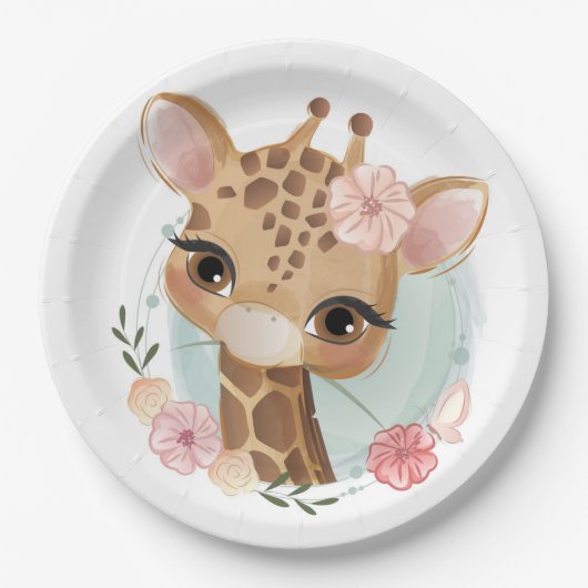 Roze Waterverf Giraffe Baby shower Papieren Bordje (Voorkant)