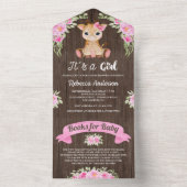 Roze Waterverf Giraffe Hout Baby shower All In One Uitnodiging (Binnen)