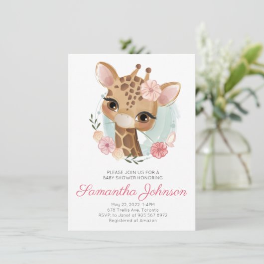 Roze Waterverf Giraffe Meisje Baby shower Kaart (Staand voorkant)