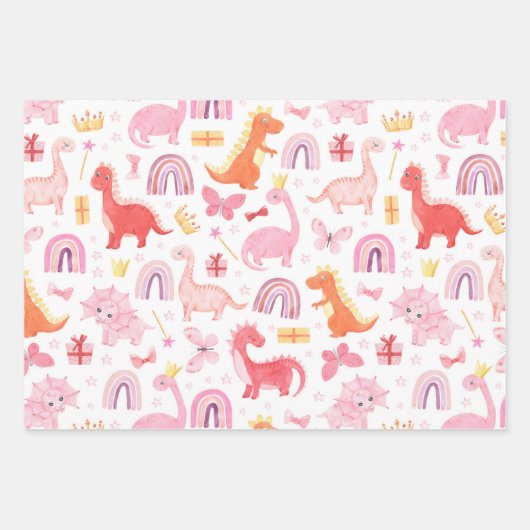Roze Waterverf Girl Dinosaurs Boho Rainbows Inpakpapier Vel (Voorkant 3)
