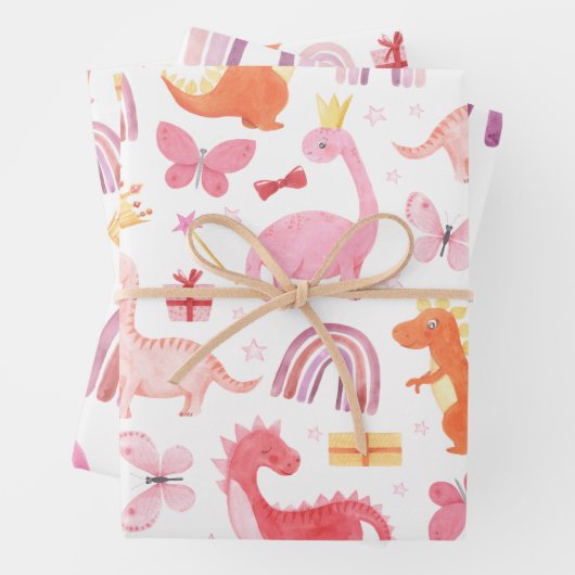 Roze Waterverf Girl Dinosaurs Boho Rainbows Inpakpapier Vel (In situ)