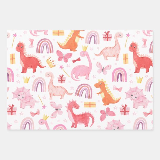 Roze Waterverf Girl Dinosaurs Boho Rainbows Inpakpapier Vel (Voorkant)