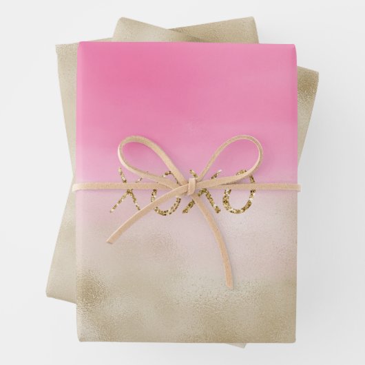 Roze Waterverf Glam Gold Tie Dye XOXO Glitter Inpakpapier Vel (In situ)