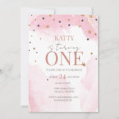 Roze Waterverf Glitter 1e Verjaardagsuitnodiging Kaart (Voorkant)