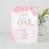 Roze Waterverf Glitter 1e Verjaardagsuitnodiging Kaart (Staand voorkant)