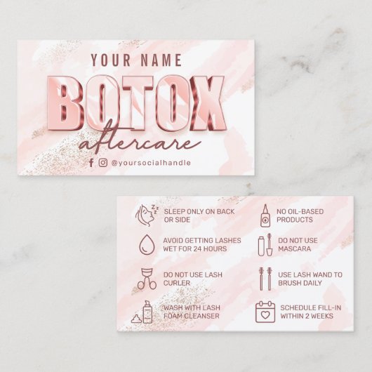 Roze Waterverf Glitter Aftercare Card Visitekaartje (Voorkant / Achterkant)