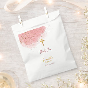 Roze Waterverf Glitter Gold Cross Baptisme Girl Bedankzakje
