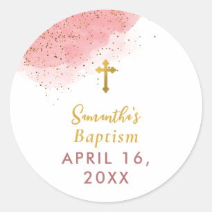 Roze Waterverf Glitter Gold Cross Baptisme Girl Ronde Sticker