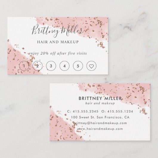 Roze Waterverf Glitter Loyalty Kaart Handschrift Visitekaartje (Voorkant / Achterkant)