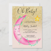 Roze waterverf glitter maansterren baby shower kaart (Voorkant)
