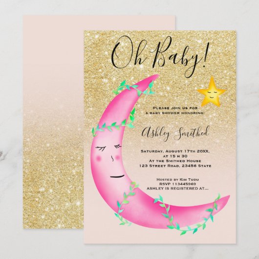 Roze waterverf glitter maansterren baby shower kaart (Voorkant / Achterkant)