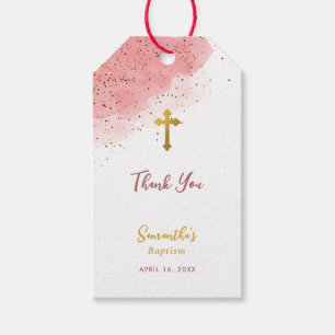 Roze waterverf glitters gouden kruis doop meisje cadeaulabel