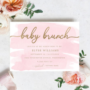Roze Waterverf Gold Baby Brunch Uitnodiging