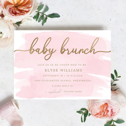 Roze Waterverf Gold Baby Brunch Uitnodiging