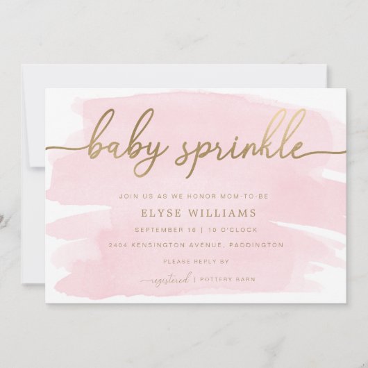 Roze Waterverf Gold Baby Sprinkle Uitnodiging (Voorkant)