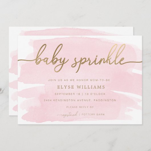 Roze Waterverf Gold Baby Sprinkle Uitnodiging (Voorkant / Achterkant)