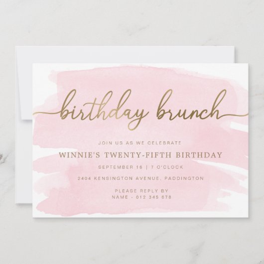 Roze Waterverf Gold Birthday Brunch Uitnodiging (Voorkant)