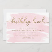 Roze Waterverf Gold Birthday Lunch Uitnodiging (Voorkant)