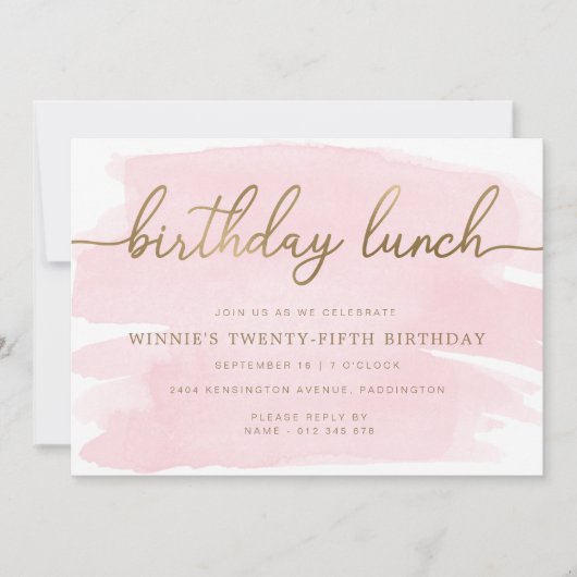 Roze Waterverf Gold Birthday Lunch Uitnodiging (Voorkant)