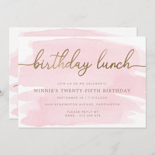 Roze Waterverf Gold Birthday Lunch Uitnodiging (Voorkant / Achterkant)