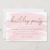 Roze Waterverf Gold Birthday Party Invitation Kaart (Voorkant)
