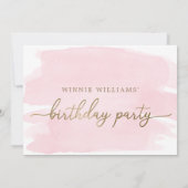 Roze Waterverf Gold Birthday Party Invitation Kaart (Achterkant)