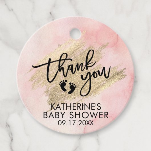 Roze Waterverf Gold Brush Stroke Baby shower Bedankjes Labels (Voorkant)