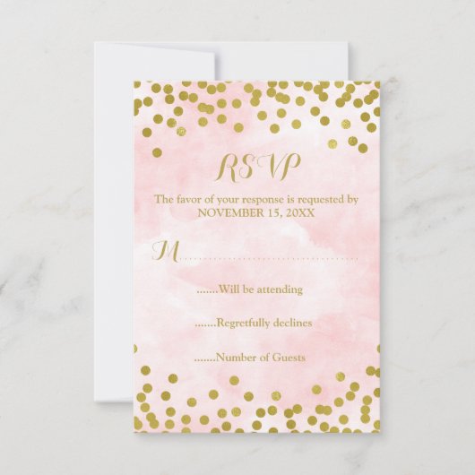 Roze Waterverf Gold Confetti Wedding RSVP (Voorkant)