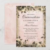 Roze Waterverf Gold Glitter Floral Quinceanera Kaart (Voorkant / Achterkant)